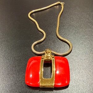 LANVIN Vintage 1970s Gold Plated and Red Pendant Necklace with Snake Chain